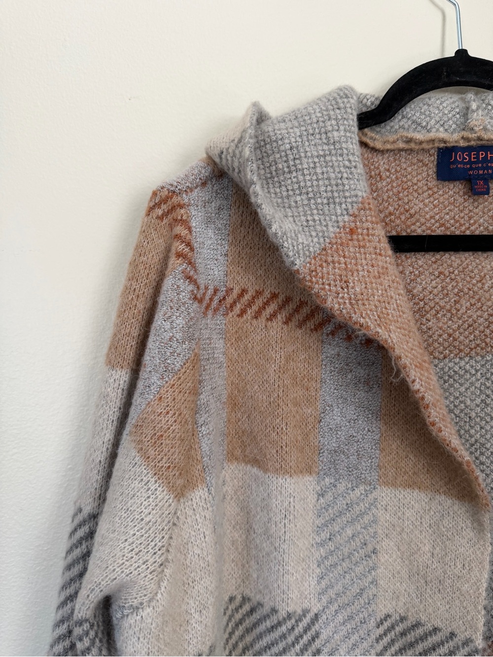 Joseph A Hooded Plaid Open-Front Cardigan Coatigan Grey Beige 1X - Picture 3 of 14